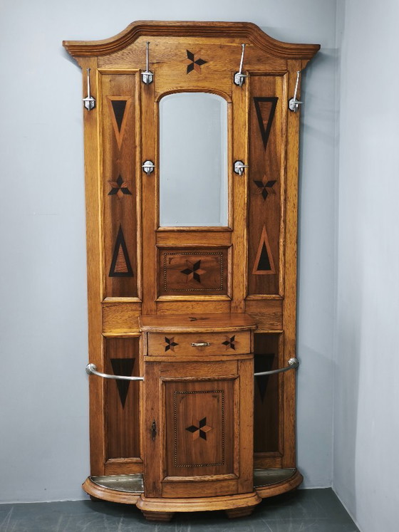 Image 1 of Porte-manteau Gründerzeit en chêne incrusté avec miroir, XIXe siècle, vers 1890