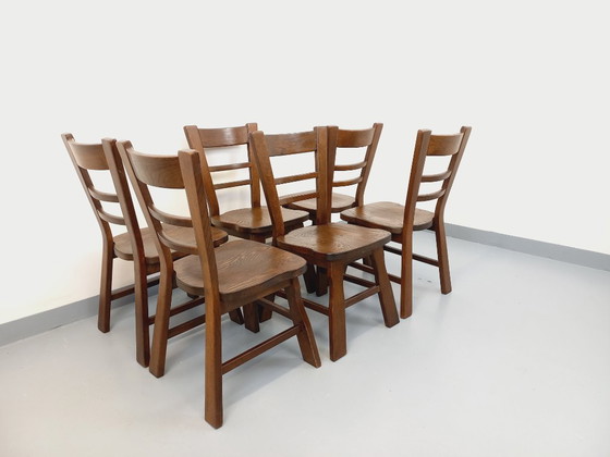 Image 1 of Set of 6 vintage brutalist oak chairs from the 1950s