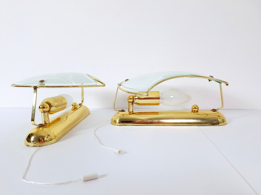 Pair Vintage Wall Light, Moon Shaped Light with Gold Rim, Elegant Set of Two Lights