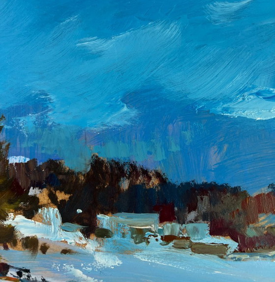 Image 1 of Original Oil Painting Snow Field Landscape Frozen winter river