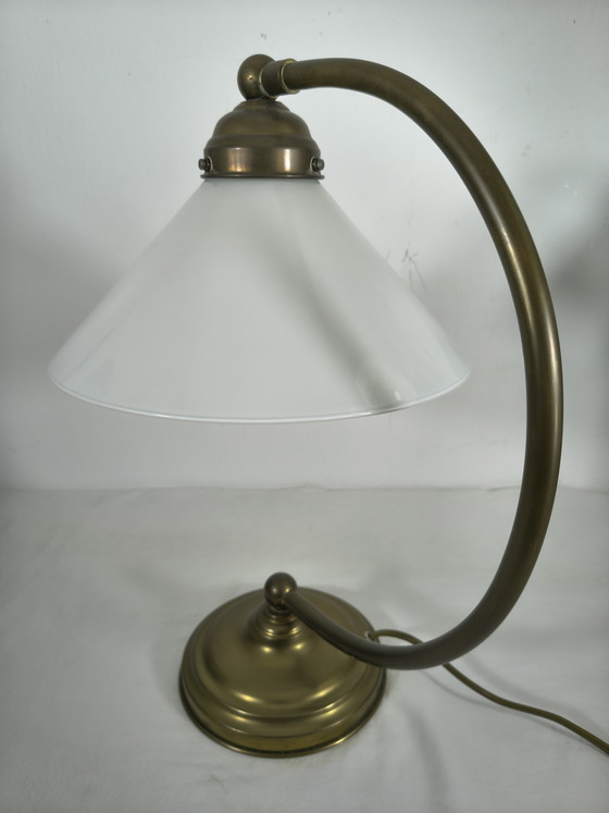 Image 1 of Vintage table lamp with brass look and opal glass shade – Hollywood Regency style