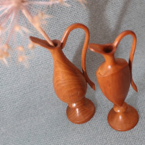 Image 1 of ❤️ Set of swan neck vases made of wood, handmade in the GDR, Midcentury