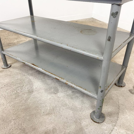 Industrial metal shelving unit, gray and white, Plant table, Grey, Vintage (photo 8 of 9)
