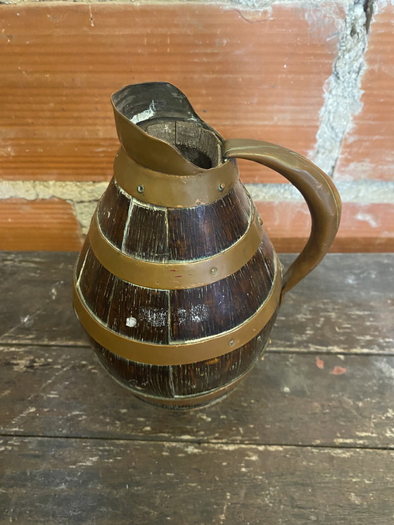 Image 1 of Pichet Ancien Tonneau Bois + Cerclage Cuivre Vintage #D379