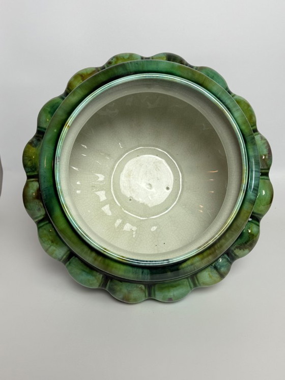Image 1 of Beautiful Big Art Nouveau Majolica Jardiniere in High Gloss Green Tones