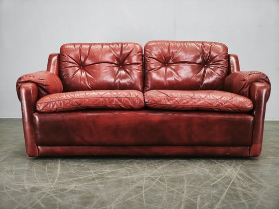 1970s Danish Modern Red Leather Two-Seater Sofa, Scandinavian Design, 2 seaters, Vintage (photo 2 of 15)