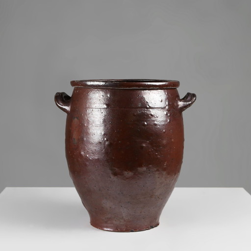 Signed Rustic Large Glazed Brown Ceramic Pot, Belgium, 1800s