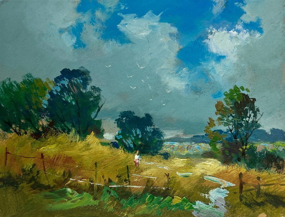 Image 1 of Origineel olieverfschilderij: Zomerlandschap in de natuur, de warme adem van het veld.