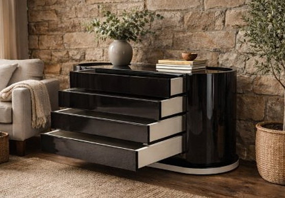 Image 1 of Schwarzer, lackierter runder Schrank mit Schubladen von Mario Sabot, 1970