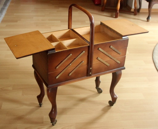 1950s wooden sewing box on legs, vintage