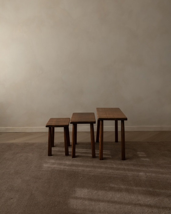 Image 1 of Vintage Brutalist Solid Oak Nesting Tables (Set of 3) – Dutch, 1970s