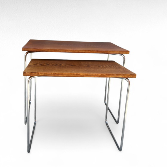 Image 1 of Juego de 2 mesas auxiliares Brabantia, tablero de wengué, patas cromadas