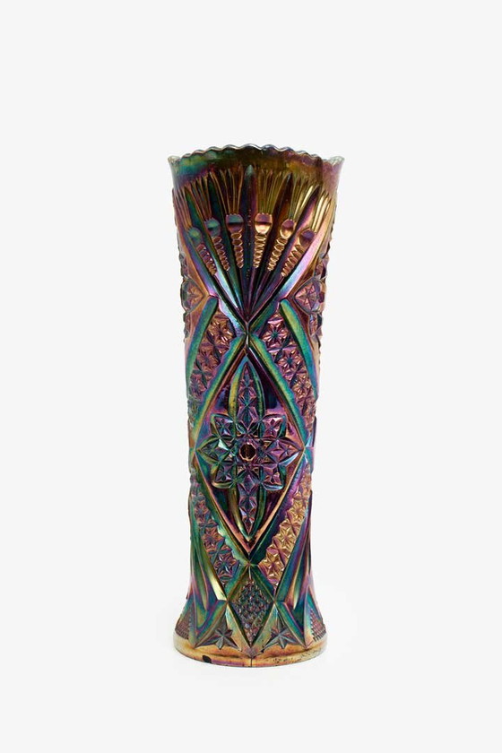 Image 1 of Cylindrical Antique (Circa 1910) Carnival Glass Faceted Vase