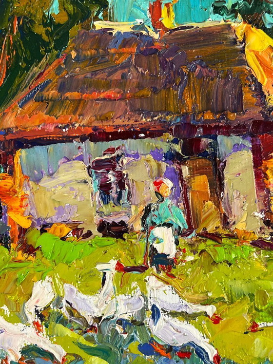 Image 1 of Original Oil Painting Rural Landscape Village Geese in the Yard