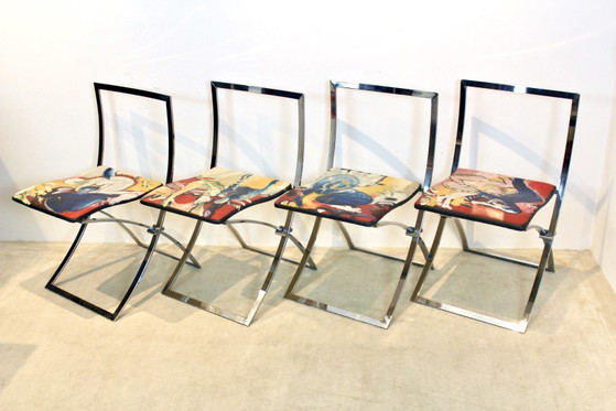 One off Hand painted set of four ‘Luisa’ Dining Chairs by Marcello Cuneo, polished steel, Chrome (photo 2 of 15)