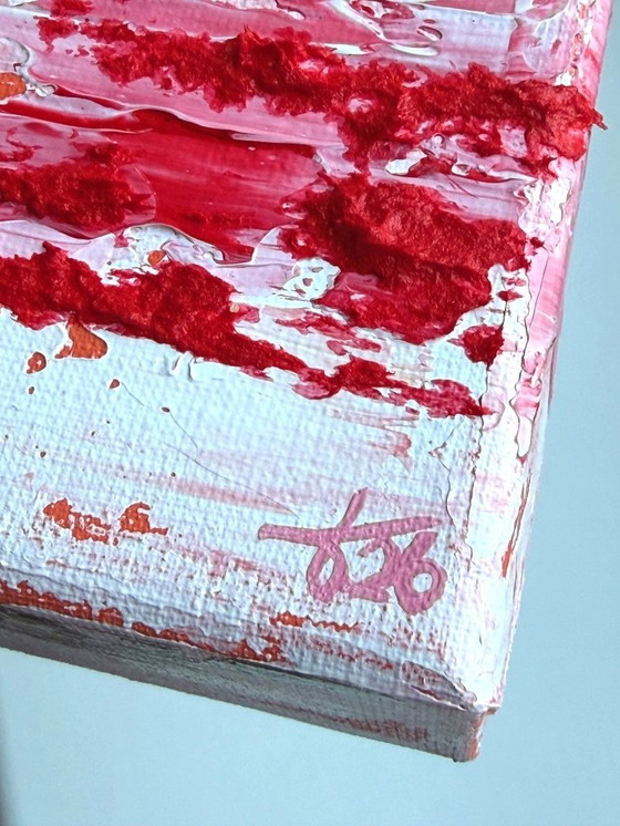 Image 1 of VOLT Eton Mess - Abstract Schilderij Roze Rood Zilver Wit - Klein Modern Kunstwerk