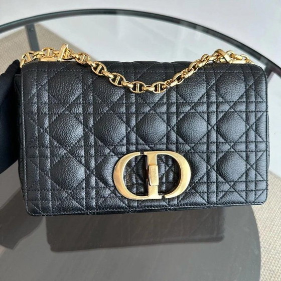 Image 1 of DIOR CARO MEDIUM - CANNAGE KALFSLEER MET NERF, ZWART, GOUDEN BESLAG