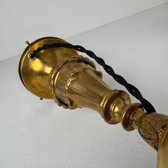 Ancienne lampe à poser en laiton et opaline vintage, Verre, Doré (photo 10 sur 10)