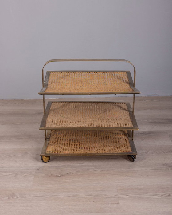 Image 1 of PORTARIVISTE VINTAGE ANNI 60 IN OTTONE E PAGLIA DI VIENNA DESIGN ITALIANO