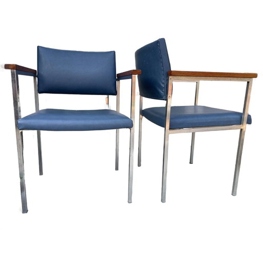 Set Fröscher KG mid century stoelen edelmetaal, hardhouten armleuningen en skai