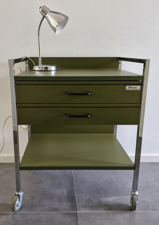 Chariot Vintage (Hôpital), Vert Olive, 2 Tiroirs
