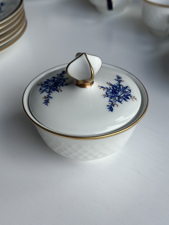 Image 1 of Fine China - Servizio in porcellana della RDT, 22 pezzi | Blu e oro, pareti sottili
