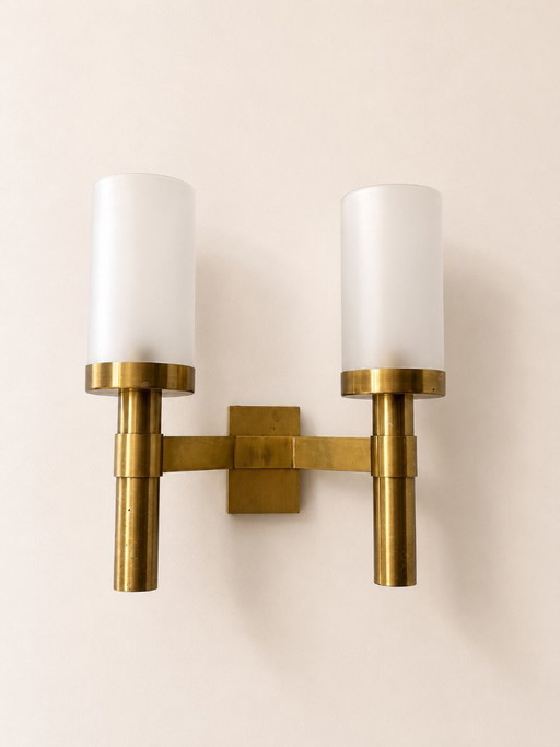 Vintage double wall sconce, brass and frosted glass, by Perzel, France 1950