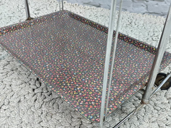Image 1 of Vintage Foldable and Mobile Chrome Steel 2 Floral Decorated Layers ‘Dinett’ Serving Trolley by Gerlinol, Germany, 1970s. 