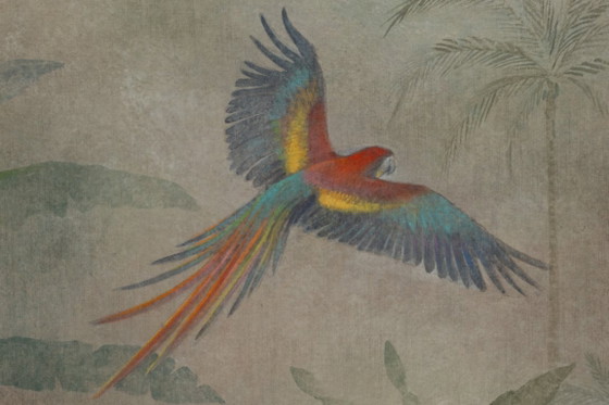 Image 1 of Contemporary painted canvas depicting parrots in a tropical forest.