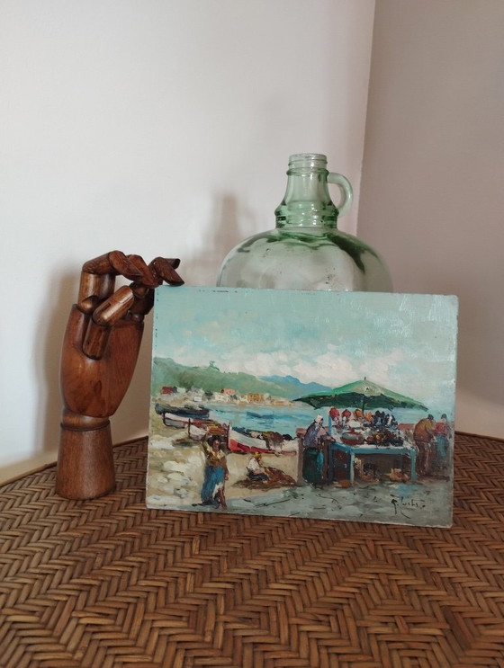 Image 1 of Small painting signed Guglielmo Curti. Oil on panel. Port market.