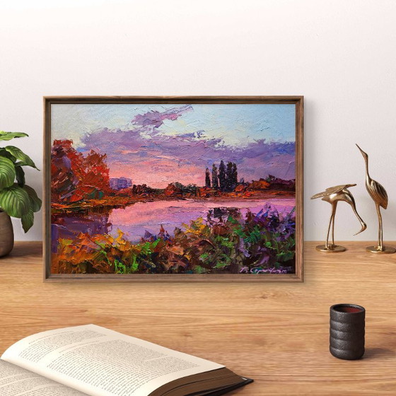 Original Oil Painting Evening City Landscape Sunset Over the River – Paintings & Drawings, Canvas (photo 3 of 7)