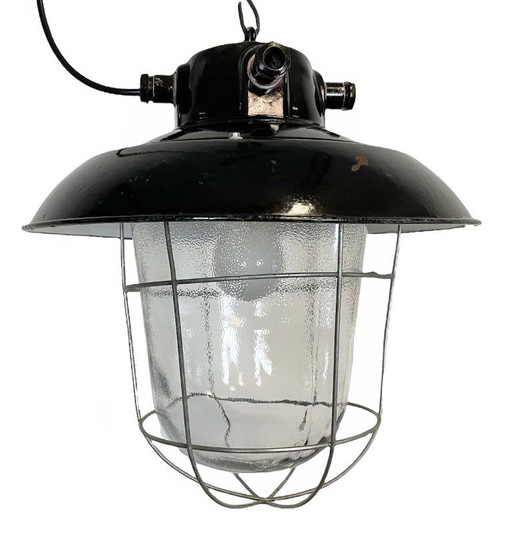 Lampada a sospensione vintage industriale in smalto nero, anni '60