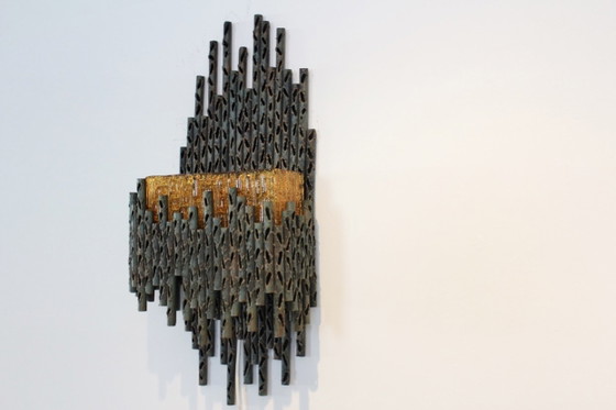 Marcello Fantoni Brutalist Metal Sculptured Wall Lamp, Wall lights, Murano Glass (photo 5 of 10)