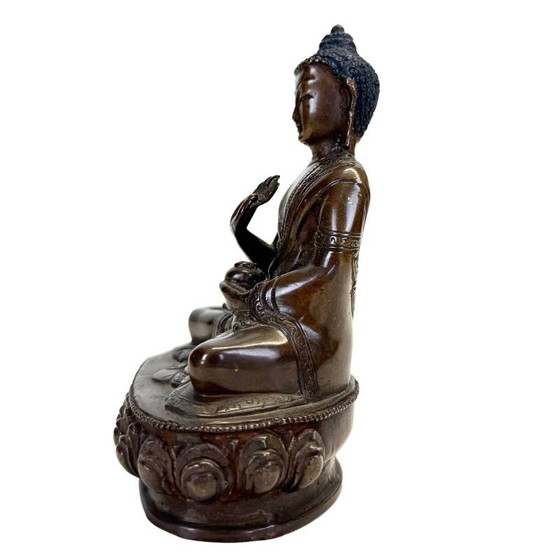 Antieke Nepalese Bronzen Medicijn Boeddha (Bhaisajyaguru) - 13cm - 800g – Beeldhouwkunst (photo 7 of 9)