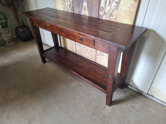Image 1 of Colonial teak side table, hall table, wall console, minor damage to top, dimensions 140x40cm and 78 cm high