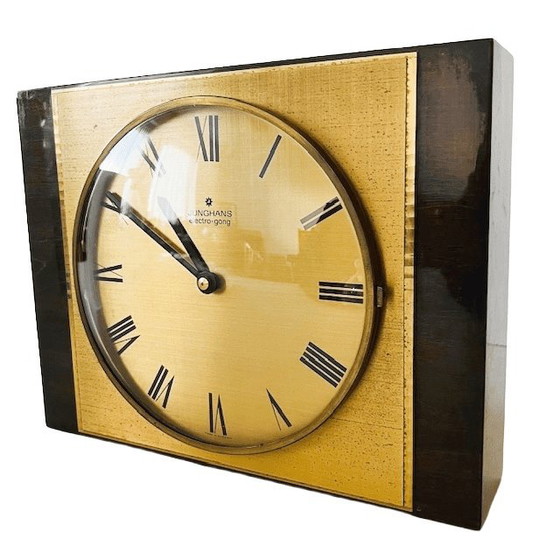 Image 1 of Orologio da parete vintage modernista Junghans Electro Gong, orologio da tavolo in legno e ottone, anni '60
