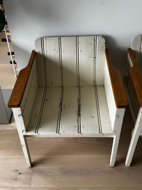 Image 1 of 2 low Piet Hein Eek bucket chairs/armchairs made of reclaimed wood, white