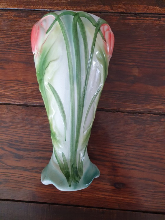 Art Nouveau barbotine vase 29 cm - in perfect condition, Ceramic, Multi Color (photo 2 of 13)
