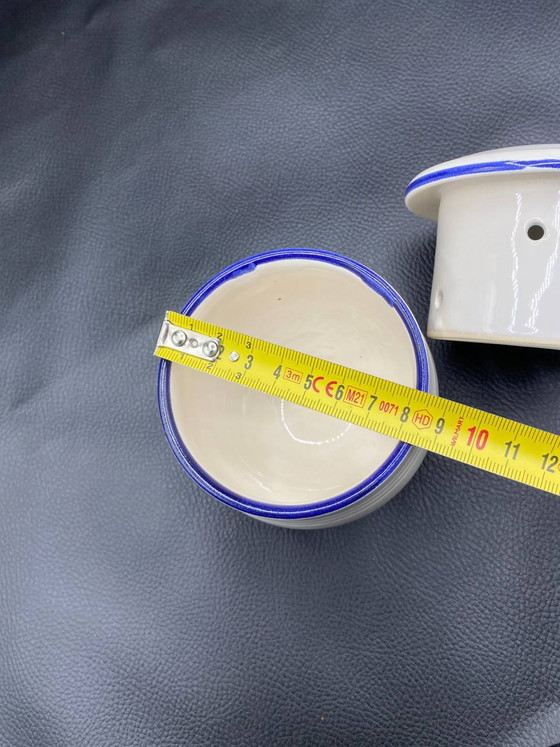 White Porcelain Fresh Cheese Pot, Cobalt Blue Trim, Draining Lid – Decorative Objects (photo 4 of 5)