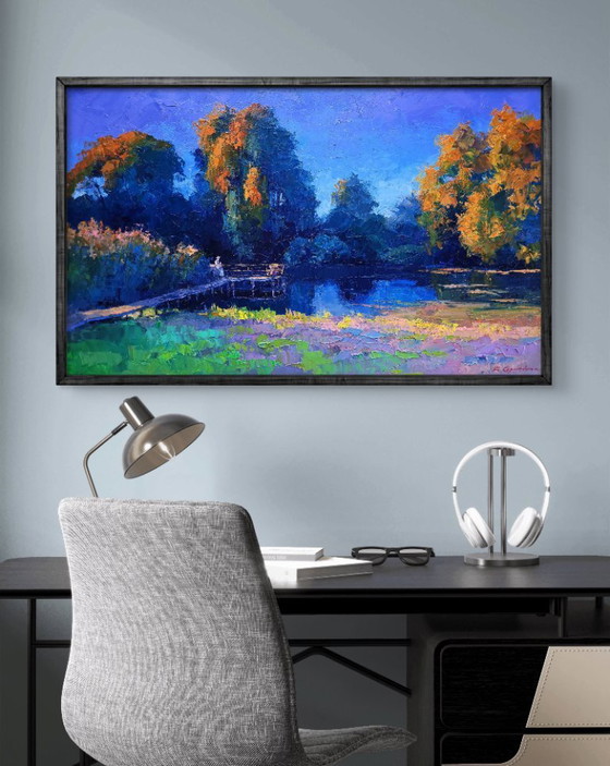 Image 1 of Original Oil Painting Nature Landscape Summer Sunset Evening on the Lake