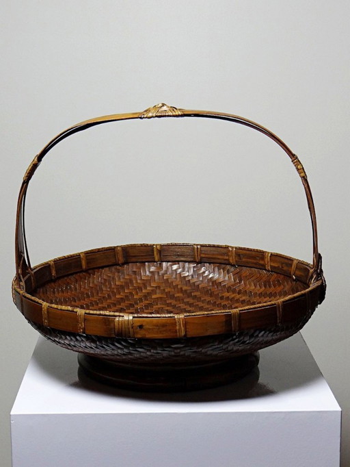 Large vintage Asian bamboo offering basket, 1920–1950