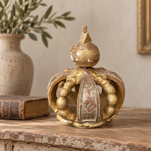 Corona Religiosa Barocca Iberica del XVIII Secolo in Legno Dorato e Argentato – beeldhouwkunst, Wood