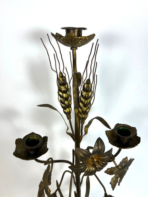 Image 1 of Chandelier en laiton orné de raisins et d'une gerbe de blé, années 1950