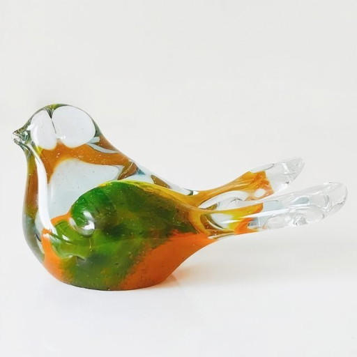 Vintage gekleurde mondgeblazen vogelsculptuur glas presse-papier glazen vogeltje murano stijl vogelbeeldje 1980's