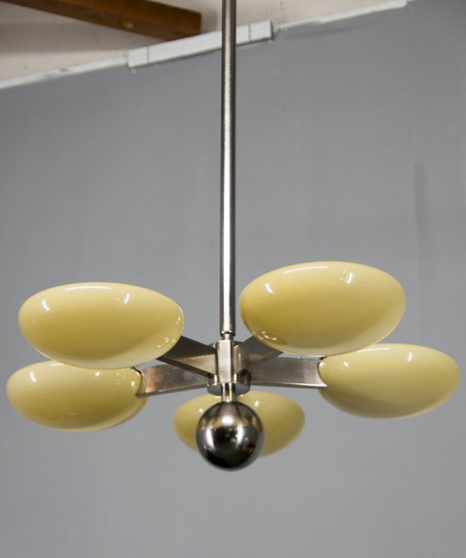 Lustre exceptionnel de style Art déco fonctionnaliste, plaqué nickel, années 1930
