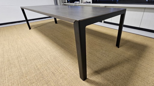 Leolux kalia eetkamertafel 280x100; blad = eiken; frame = epoxy; pootdoppen = zwart