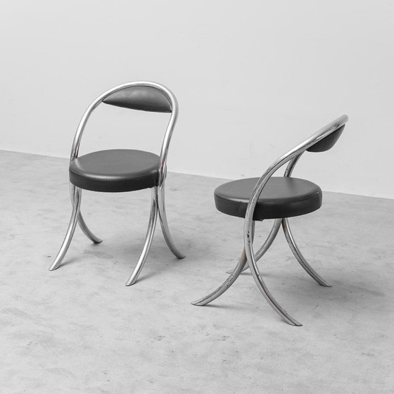 Image 1 of SET VAN 6 VINTAGE GIOTTO STOPPINO-STIJL STOELEN UIT DE JAREN 70 – VERCHROOMDE DESIGNERSTOELEN MET ZWART KUNSTLEER