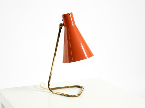 Image 1 of Beautiful, Large Mid-Century Modern Brass Table Lamp with a Brick-Red Shade