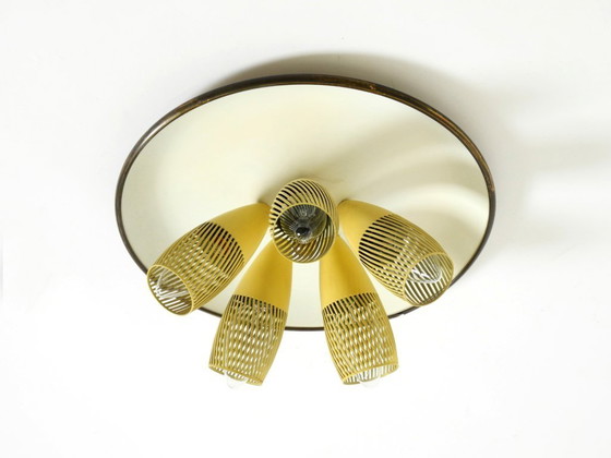 Image 1 of Very rare 5-arm mid-century modern metal bag ceiling lamp with round white reflector