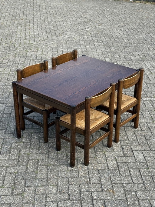 4x Vico Magistretti Eettafel Set – eetkamerstoelen, Wood, Wicker